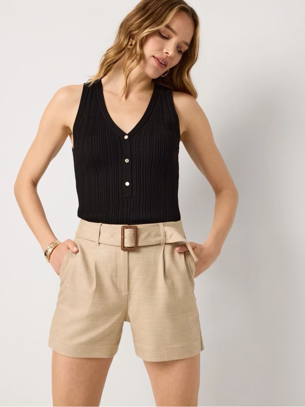 White House Black Market Beige High-Waist Belted Shorts